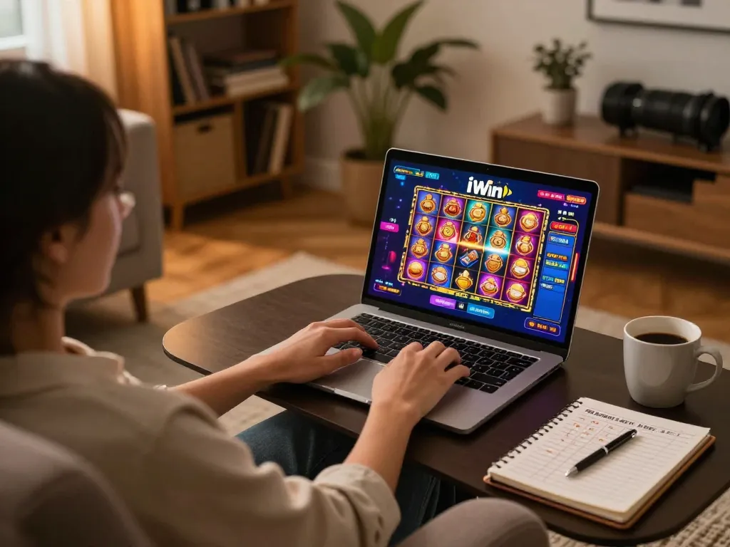 iWin user engaging in exciting online slot game while reviewing strategies in a cozy home setting