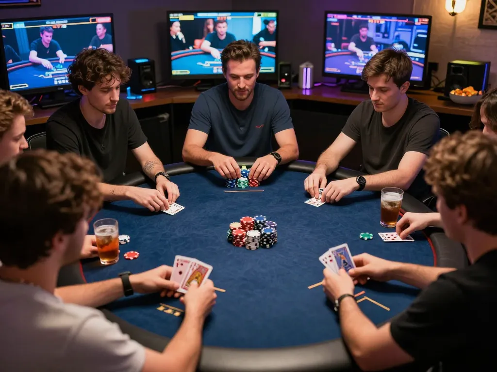 Engaged players strategizing in a situs gacor online poker game atmosphere.