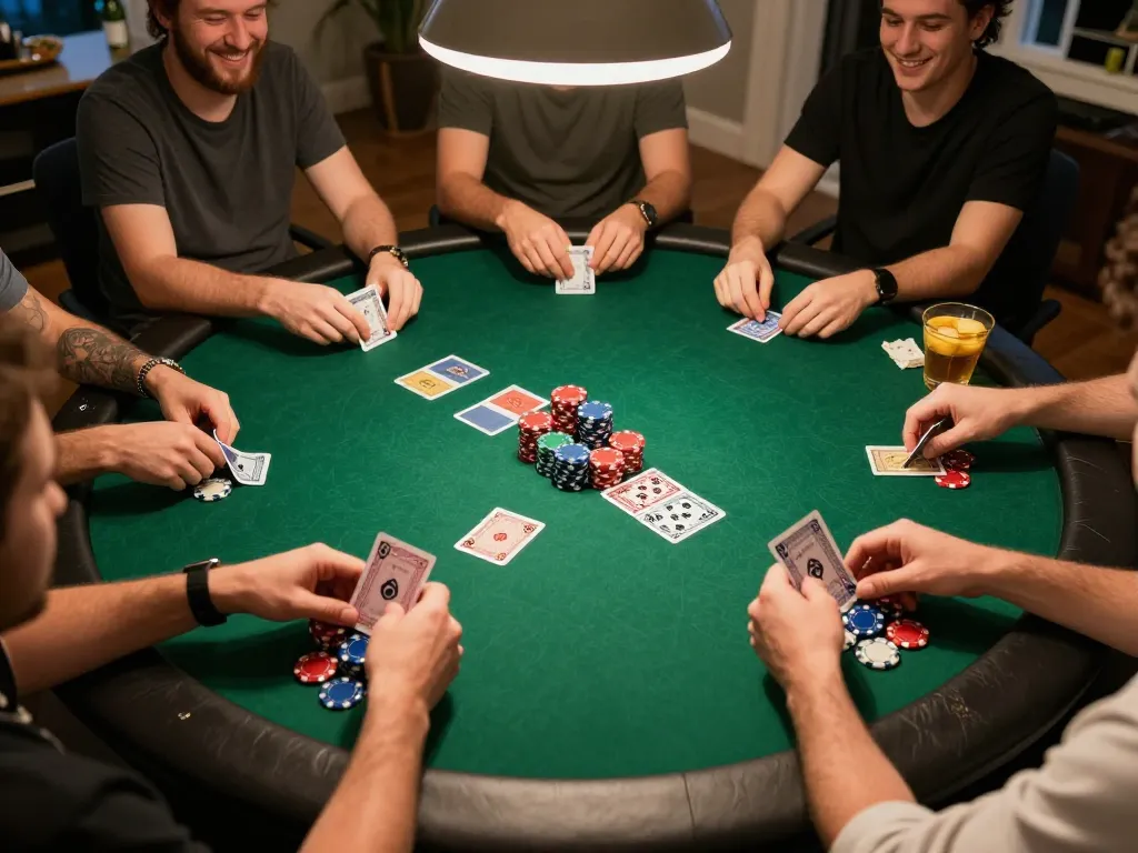 Friends engaging in an exciting home poker game strategy with slot depo 4k chip stacks on table.