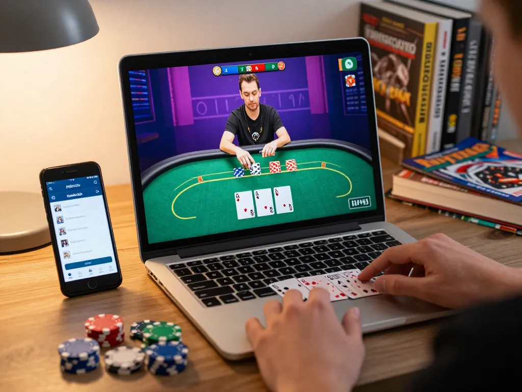 Engaging home scene where a player uses the pajaktoto link for online poker, showcasing betting strategy and gameplay.