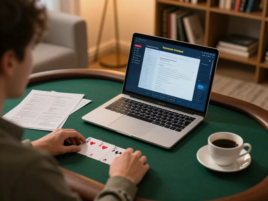 Orang menganalisis strategi poker di rumah menggunakan platform online Bintangmpo, suasana hangat dan mengundang.