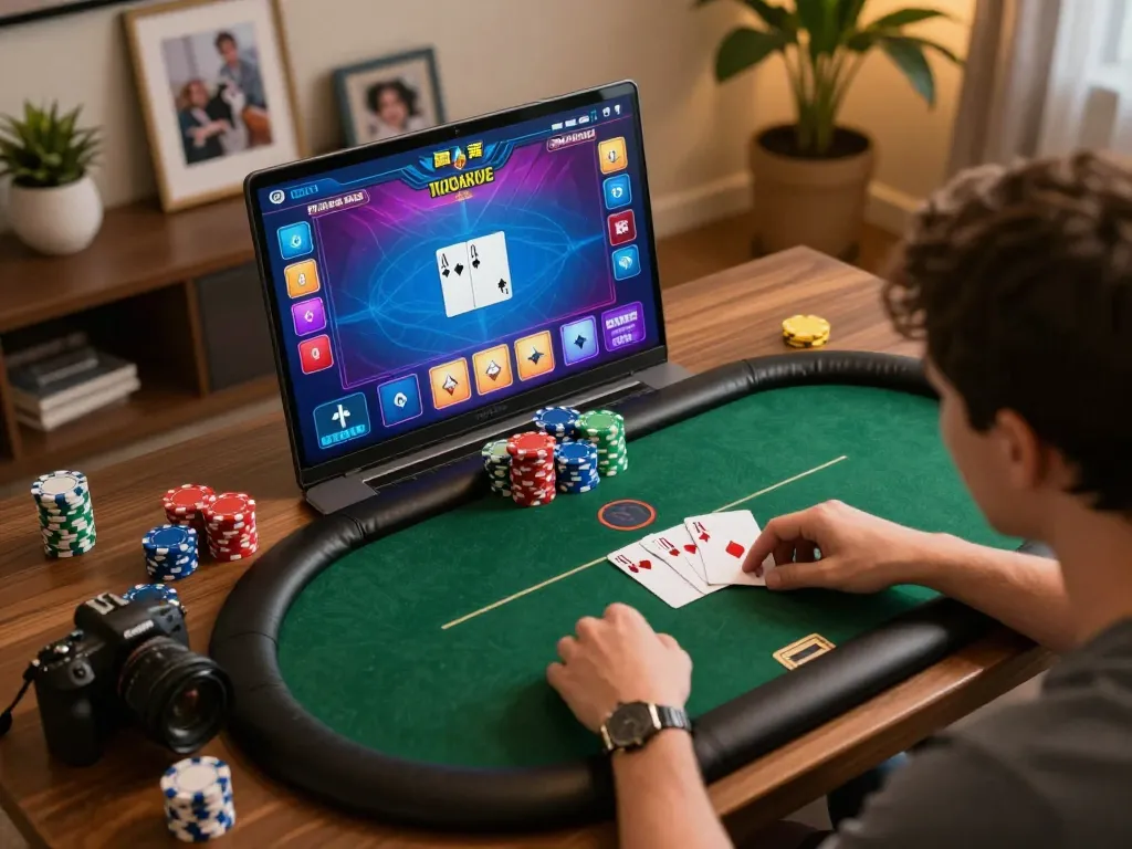 Player enjoying a thrilling LLwin online poker session with vibrant screen visuals and cozy home ambiance.