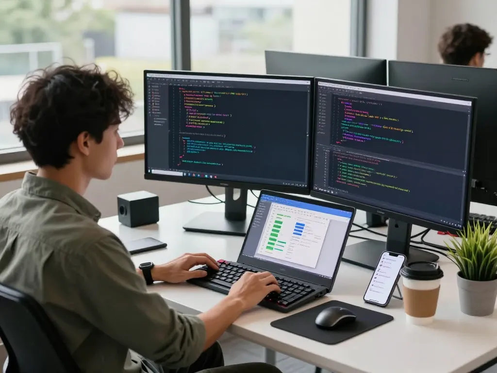 Moltbot in a vibrant tech workspace with a developer coding on dual monitors in a modern office, highlighting productivity and technology.