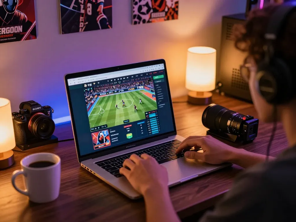 Siti non AAMS con giocatori che si divertono a scommettere sugli sport in un accogliente ambiente domestico con laptop e memorabilia.
