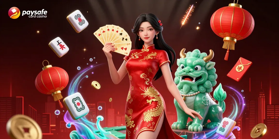 Das Paysafe Card Casino zeigt eine lebendige Szene mit einer Frau im scharlachroten chinesischen Kleid und goldenen Karten, umgeben von festlichen Elementen.