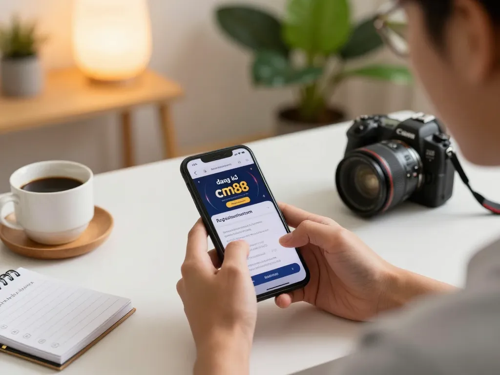 Engaging registration process on đăng ký cm88 for an online casino from a smartphone in a cozy home.