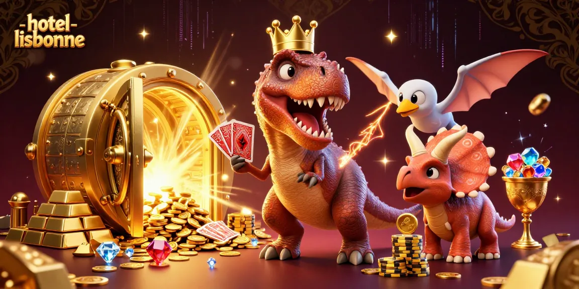 Engage with thrilling games at hotel-lisbonne, while the cartoon dinosaur shuffles cards.
