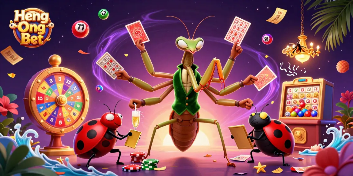 Engage with Heng Ong Bet's vibrant gaming scene featuring a lively casino environment with cheerful characters.