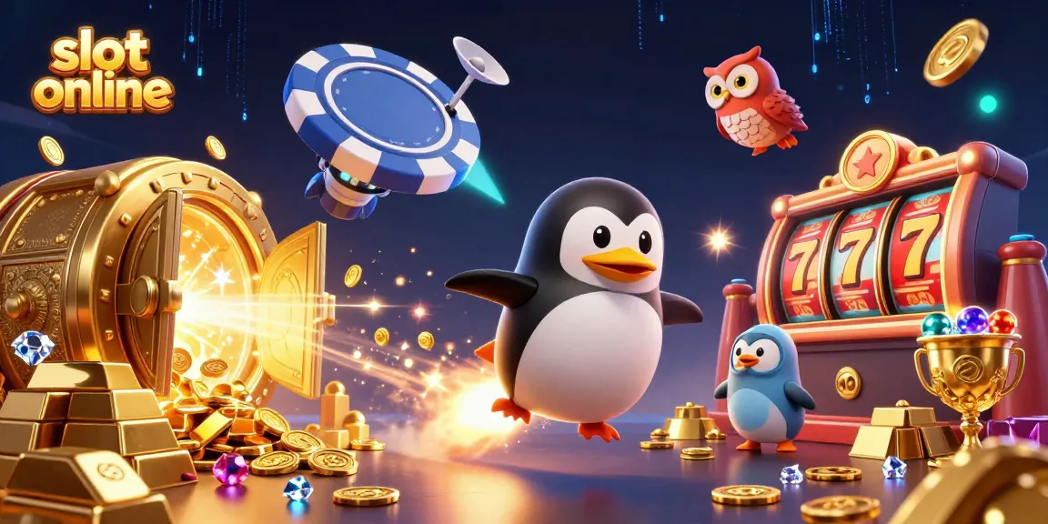 Experience the thrill of slot online as a golden penguin blasts through space, surrounded by treasures and jackpot excitement.