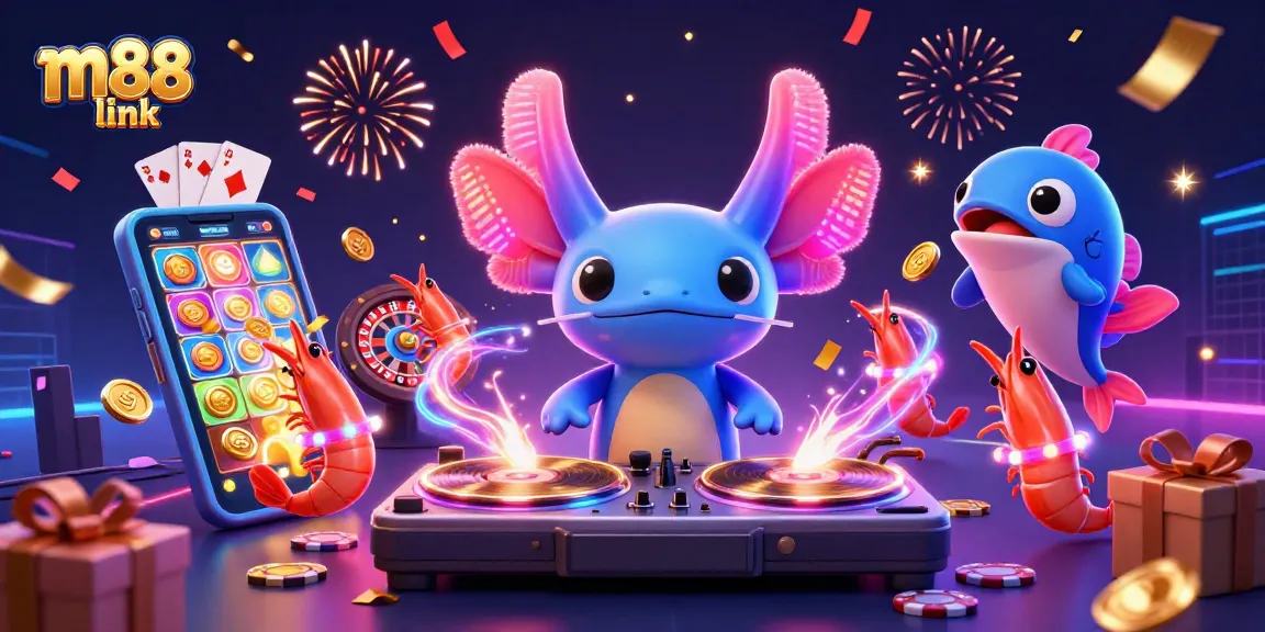 Engage with the vibrant m88 link through a dynamic underwater casino scene with an axolotl DJ.