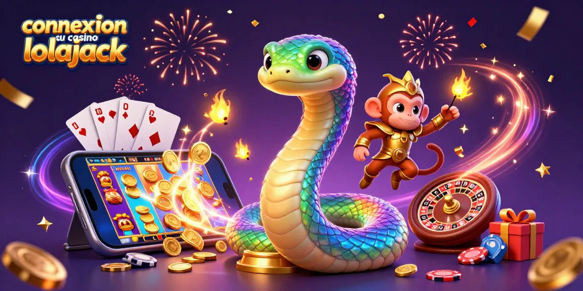 Spin and win at connexion au casino lolajack with a vibrant 3D illustration showing a rainbow serpent, monkey king, and dynamic casino elements.