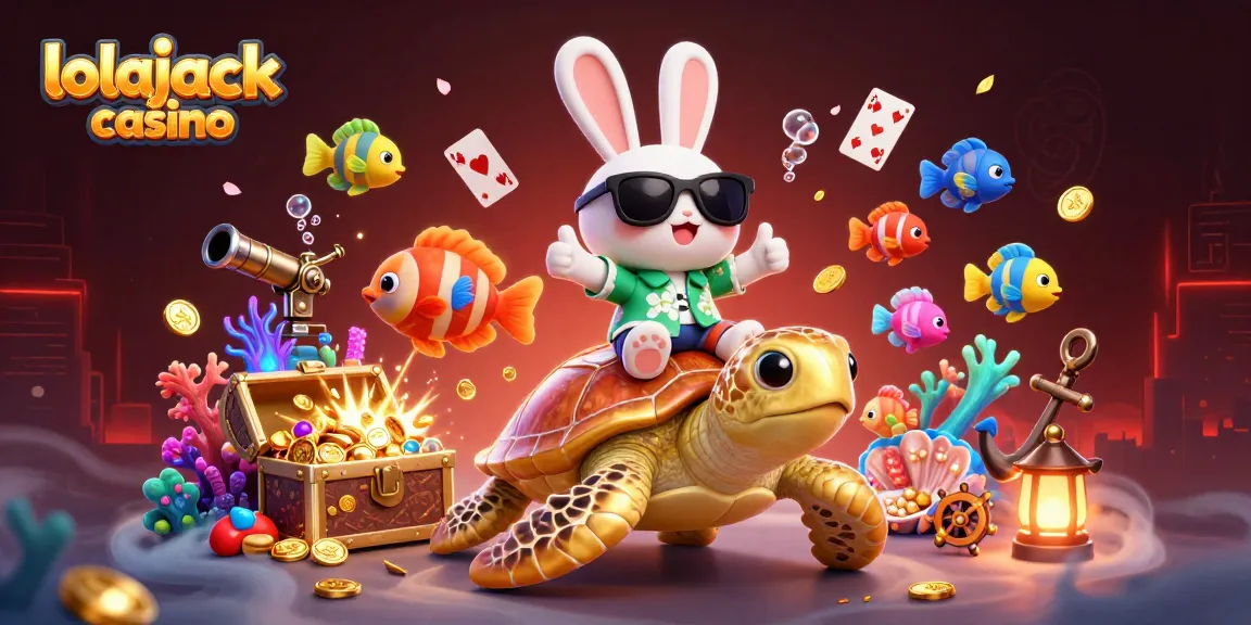 Lolajack casino illustration with a lucky rabbit and a golden sea turtle amidst vibrant underwater treasures and casino elements