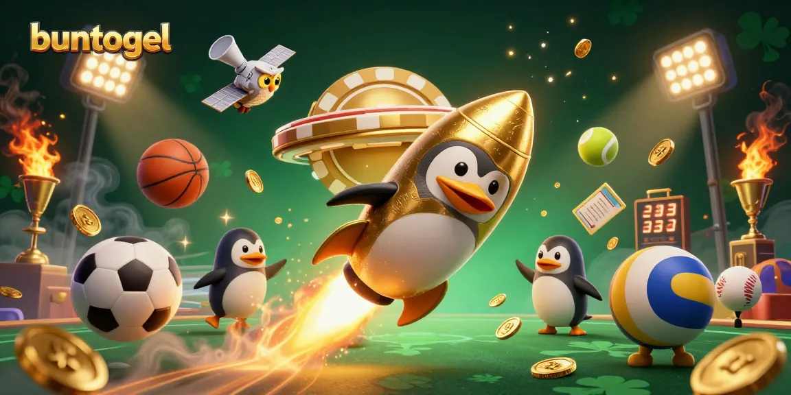 Buntogel guides users navigating online betting with engaging visuals of gold coins and sports elements.