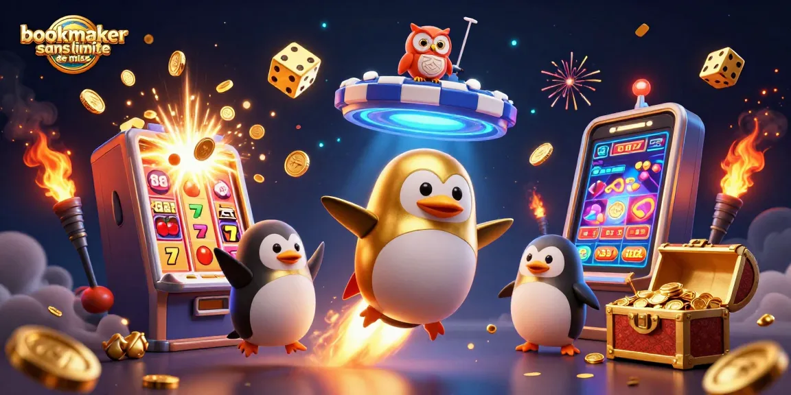 Pariez avec un bookmaker sans limite de mise, illustré par un pingouin doré dans l'espace.