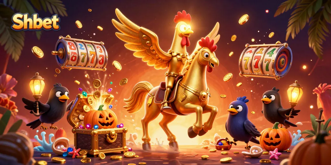 Experience thrilling adventures at Shbet with golden rooster characters in a vibrant casino.