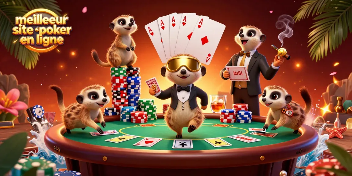 Déclenchez votre aventure au meilleur site de poker en ligne et observez les suricates jouer avec des jetons colorés.