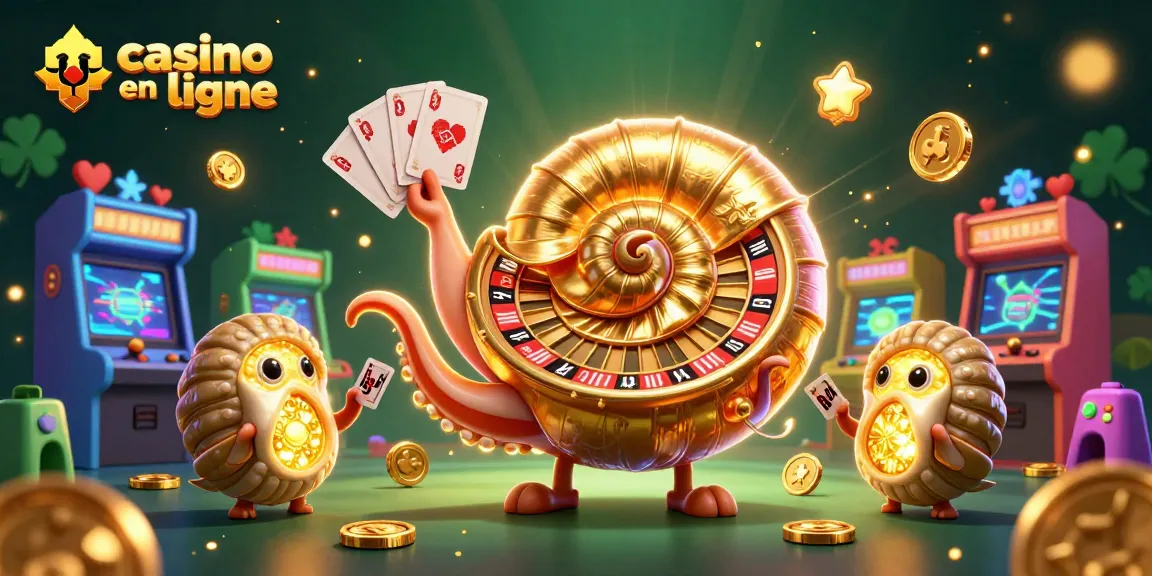 Casino en ligne : illustration d'un nautile géant tenant des cartes dans une ambiance festive et colorée.