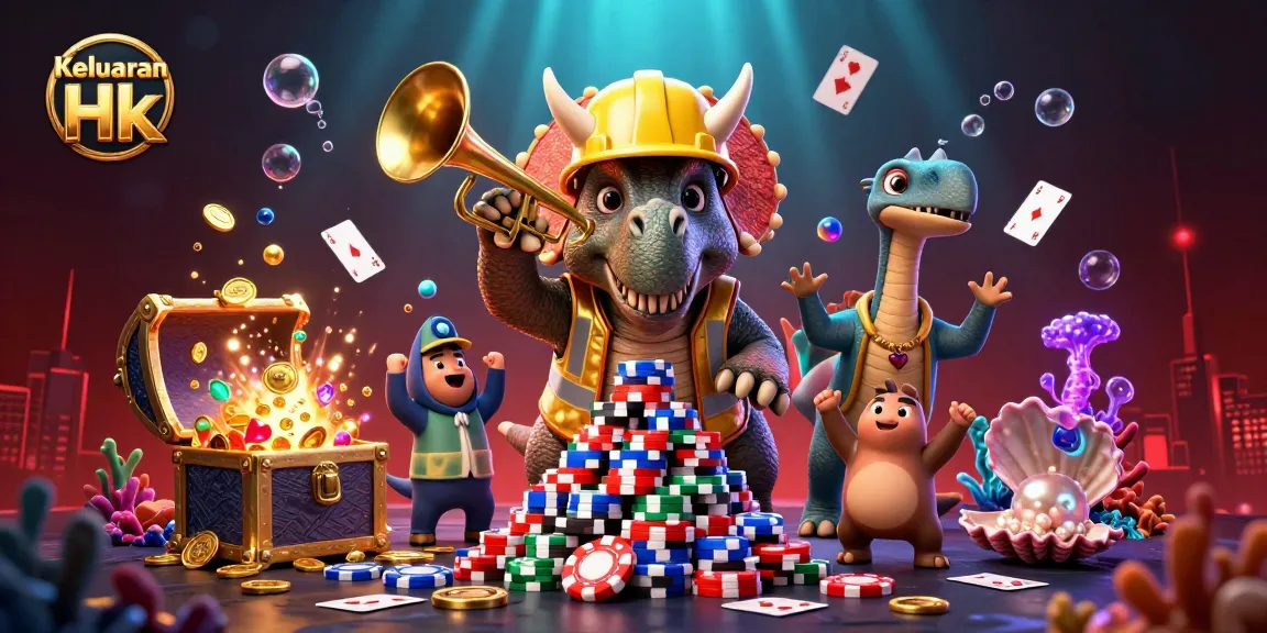 Keluaran Hk showcases a vibrant celebration of casino luck with a triceratops building poker chips.