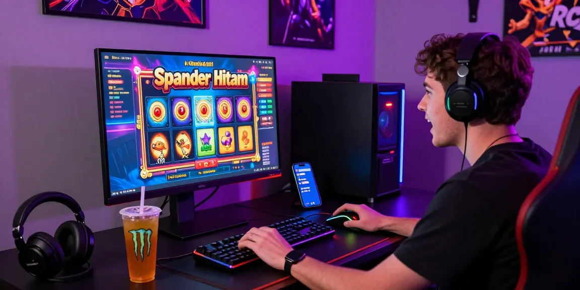 Exciting Slot Scatter Hitam gaming setup featuring a player immersed in vibrant online slot session.