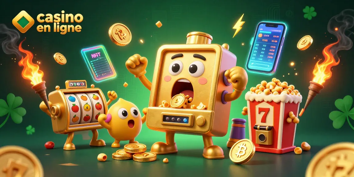 Casino en ligne avec une machine à sous dorée qui gagne un jackpot, entourée de jeux excitants.