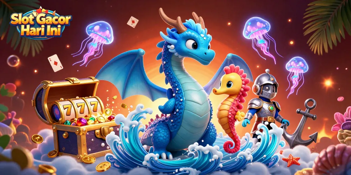 Engage with Slot Gacor Hari Ini in a vibrant underwater casino scene featuring dragons, treasure, and neon jellyfish.