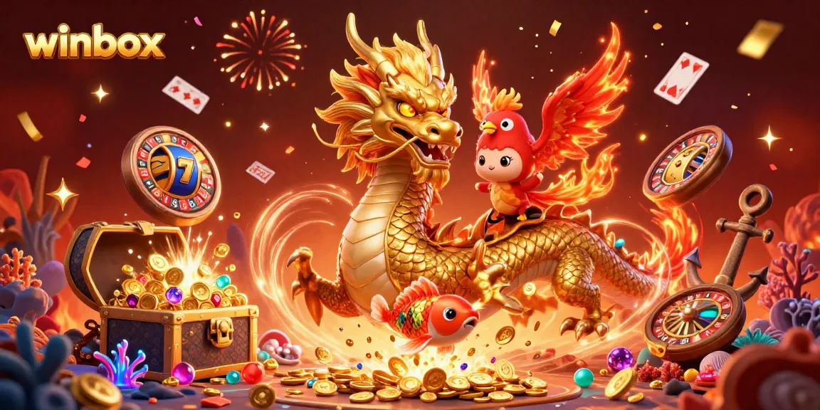 Winbox showcases a thrilling online casino experience featuring a golden dragon, phoenix, and koi fish amid dynamic gaming elements.