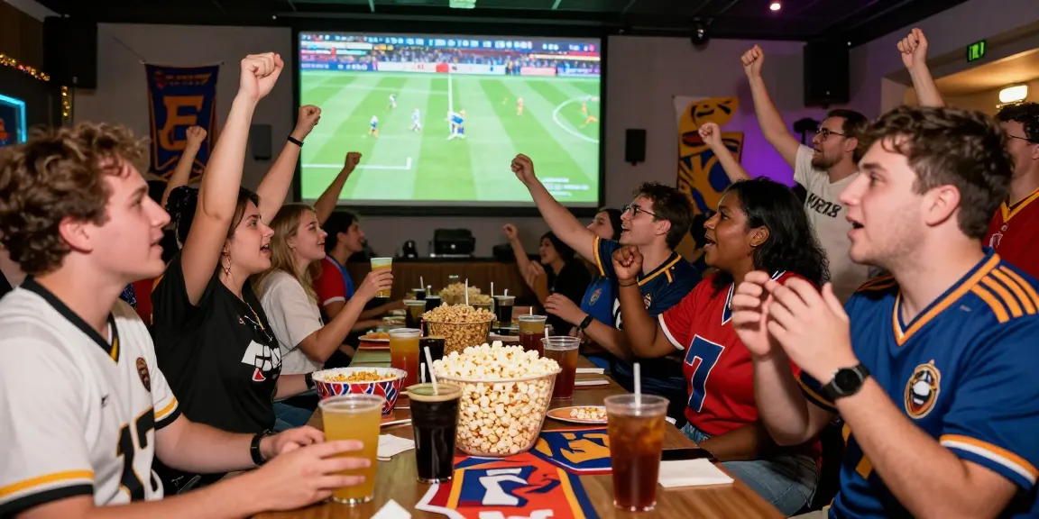 Fans enjoying koora live at a vibrant sports viewing party with screens and snacks.