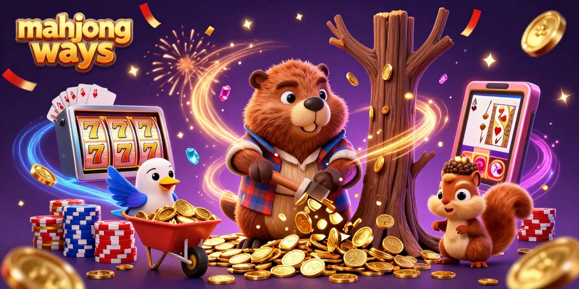 Experience mahjong ways with cartoon beaver and friends celebrating amidst casino excitement.