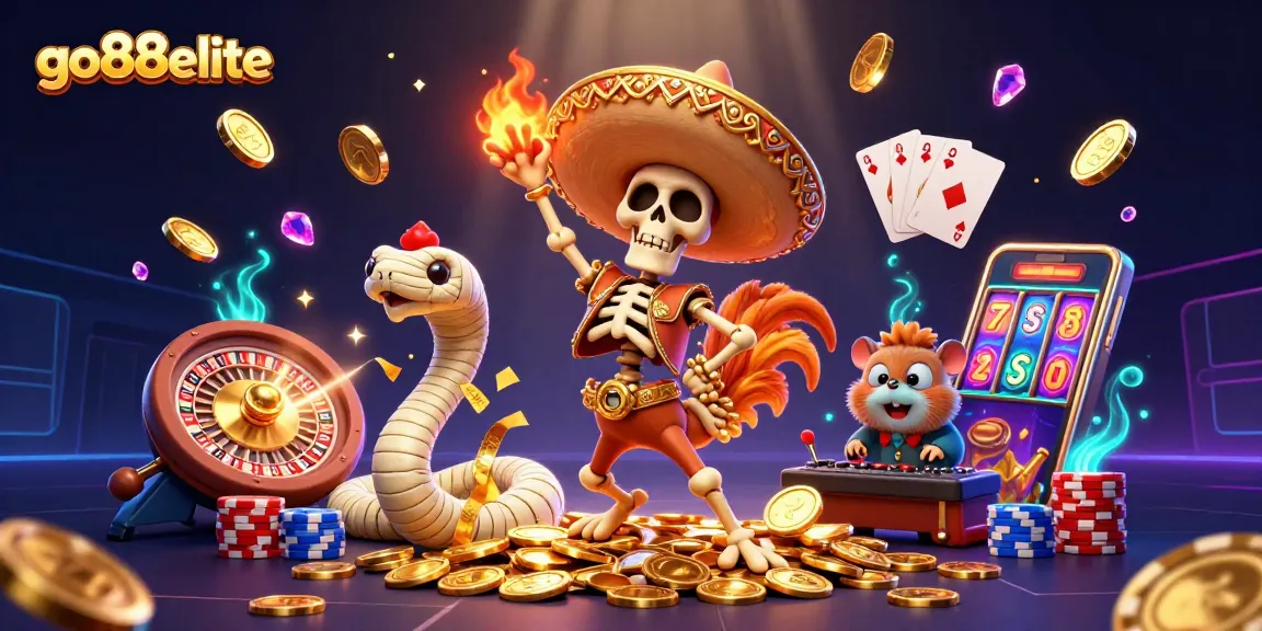 Watch the go88elite triumphant skeleton mariachi celebrating on golden coins in a vibrant casino scene.