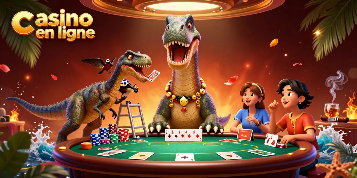 Illustration dynamique de casino en ligne avec un brontosaurus et un velociraptor jouant au poker, entouré de jetons et de cartes.