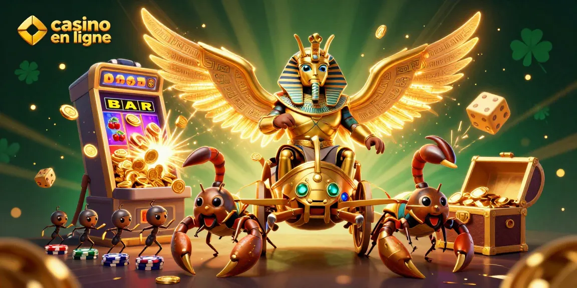 Jouer au casino en ligne avec un scarabée doré et des symboles de jeu dynamiques.