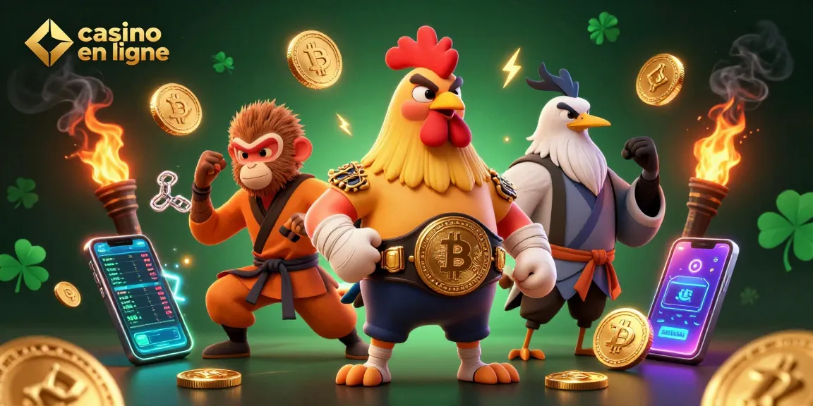 Jouez au casino en ligne avec le coq Muay Thai, le singe Shaolin et le maître grue entourés de crypto-monnaies.