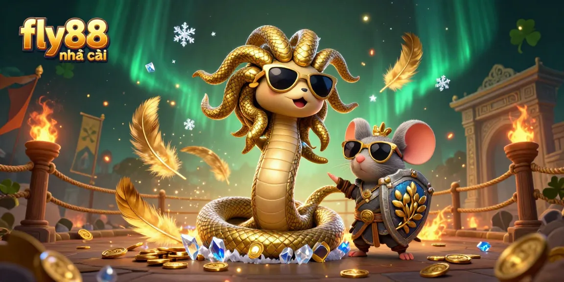 Experience thrilling action with fly88 nhà cái featuring Medusa, a warrior mouse, and vibrant casino elements.