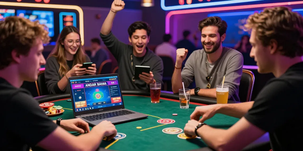 Player enjoying Andar Bahar King game at virtual casino with friends, vibrant atmosphere.