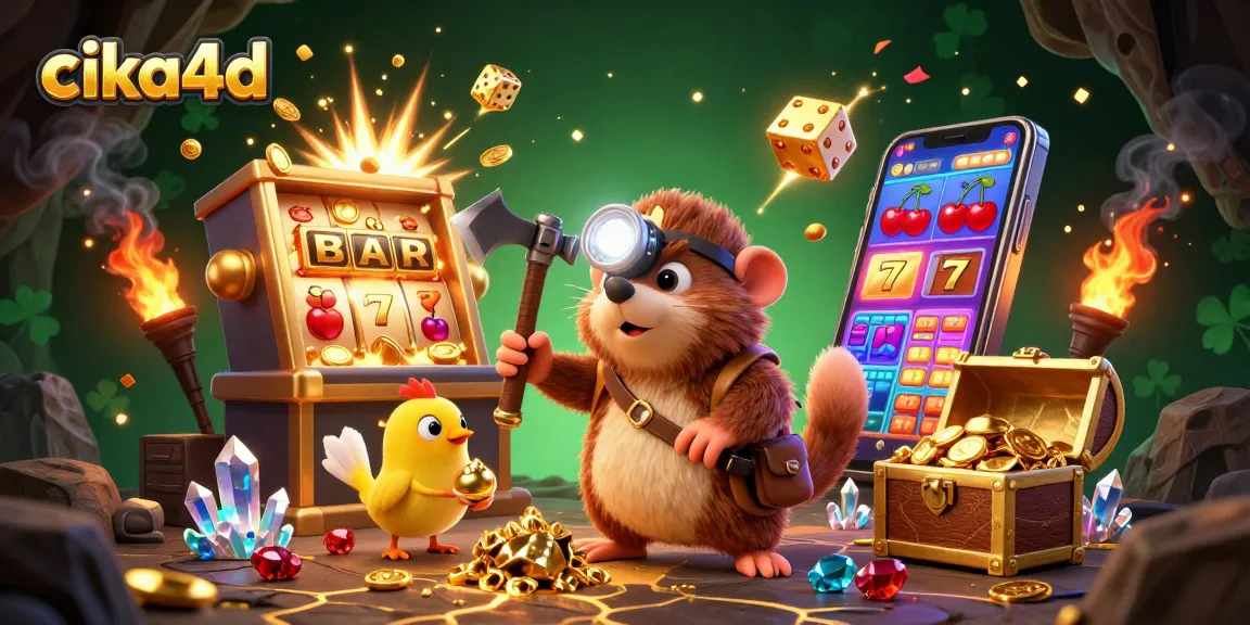 Experience thrilling jackpots at cika4d with a treasure hunter mole illustration, gems, and vibrant casino elements.