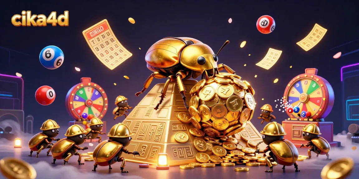Engage with cika4d's dynamic casino atmosphere, featuring a beetle driving golden coins.