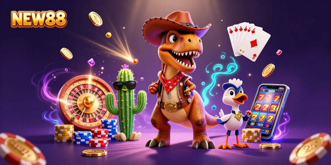 NEW88 captures exciting gameplay moments with cartoon characters in a vibrant casino scene.
