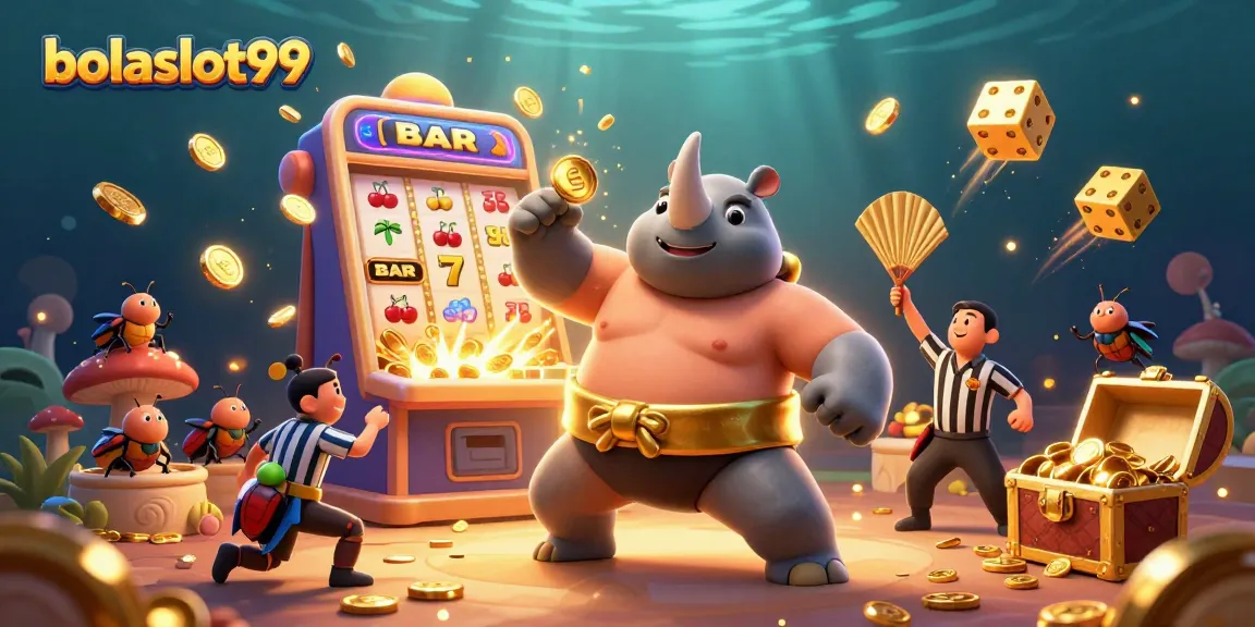Bettors engage with vibrant slots at bolaslot99 featuring cartoon beetle champions, slot machines, and coins.