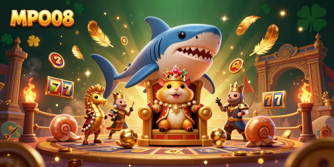 MPO08 offers engaging gameplay with a golden hamster king, seahorse guards, and vibrant slot elements.