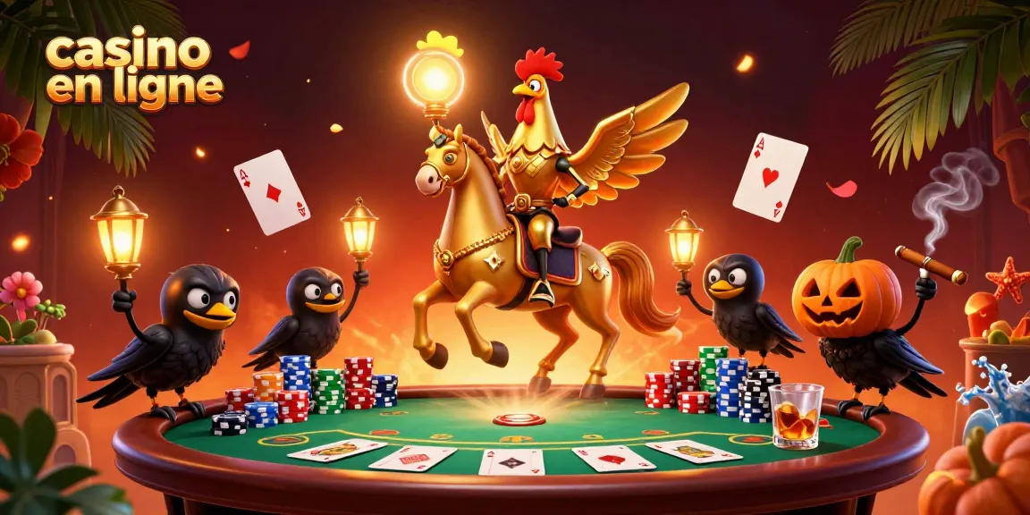 Jouez au casino en ligne avec une scène dynamique incluant un coq doré et des jeux de cartes.