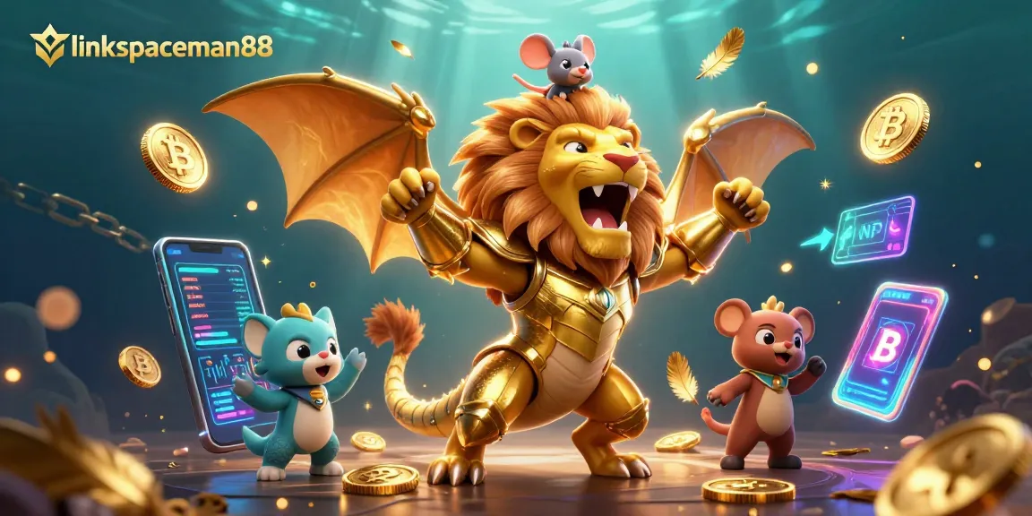 Engage in thrilling gameplay with link spaceman88 as a fantastic chimera creature showcases vibrant gold amidst crypto elements.