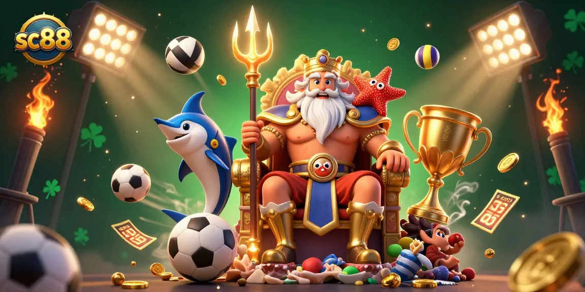 Experience thrilling betting with sc88, illustrated by Neptune and dynamic sports elements in 3D.