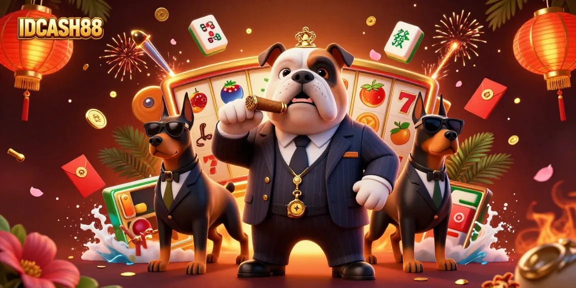 Play exciting slot games at IDCASH88 with a mafia-themed illustration featuring dynamic casino elements.