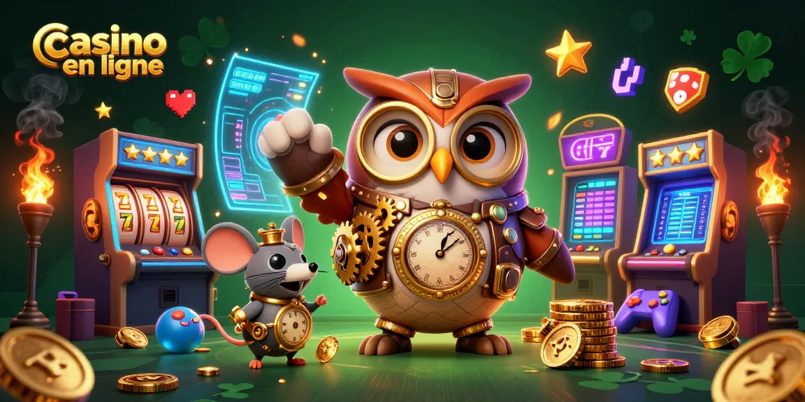 Profitez des jeux de casino en ligne avec un hibou voyageur du temps et des machines à sous colorées dans une illustration vibrante.