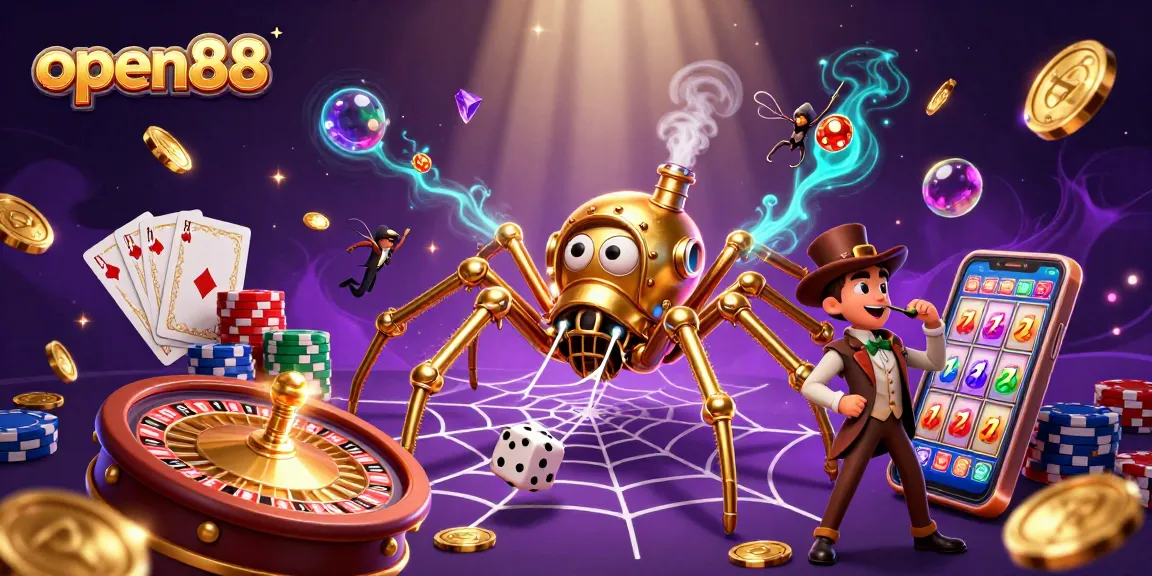 Win big at open88 with a vibrant 3D illustration of a golden spider caught in a web of excitement.
