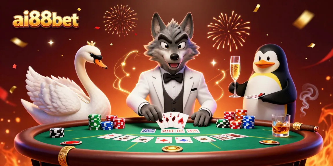 Experience excitement at ai88bet with a debonair wolf, swan dealer, and penguin sommelier in a vibrant casino scene.