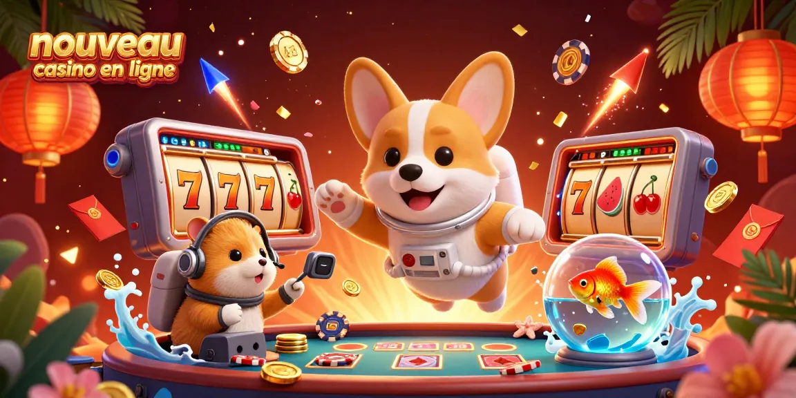 Découvrez un nouveau casino en ligne avec un corgi astronaute flottant dans un casino spatial, entouré de jetons et de pièces d'or.