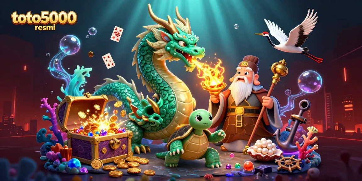 Engage in thrilling adventures at toto5000 resmi with a dynamic illustration of mythical creatures and vibrant casino elements.