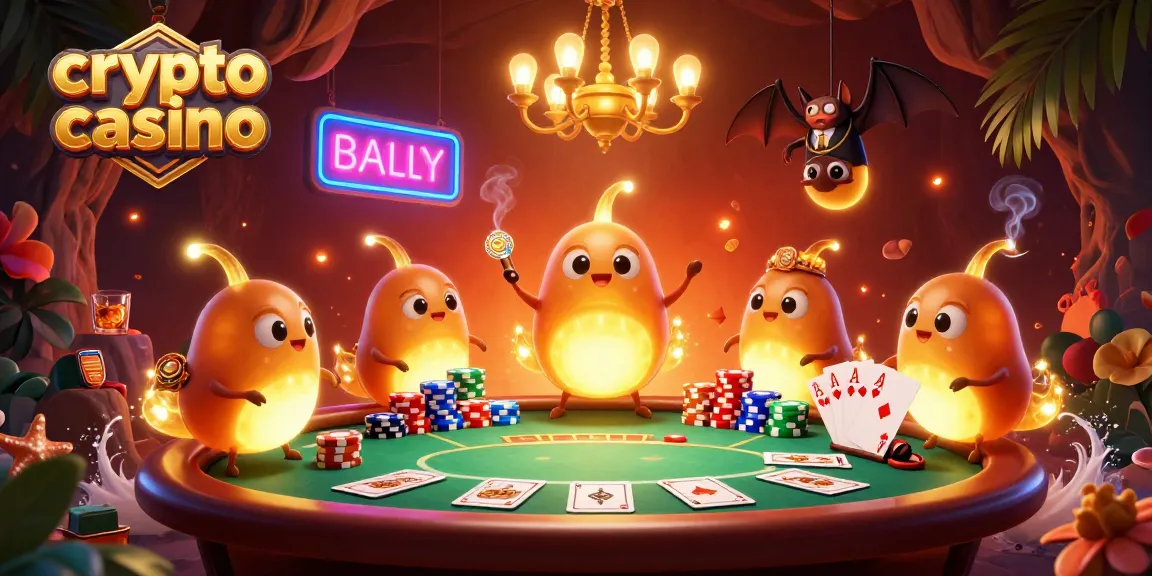 Célébrez le jeu crypto casino avec une scène animée de lucioles et un dealer chauve-souris.