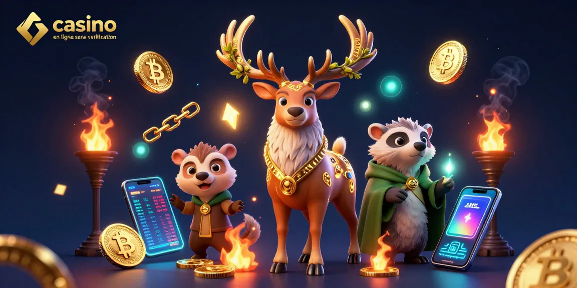 Associez le casino en ligne sans vérification à une illustration dynamique captivante avec des éléments de crypto-monnaie magiques.